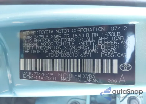 2012 Toyota Prius C Two z USA, uszkodzony, nr VIN JTDKDTB38C1016371